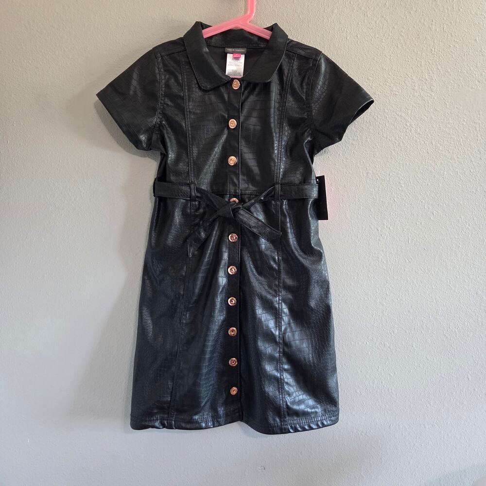 Vince Camuto Girl's Black Faux Leather Shirt Dress Croc Embossed Size 12